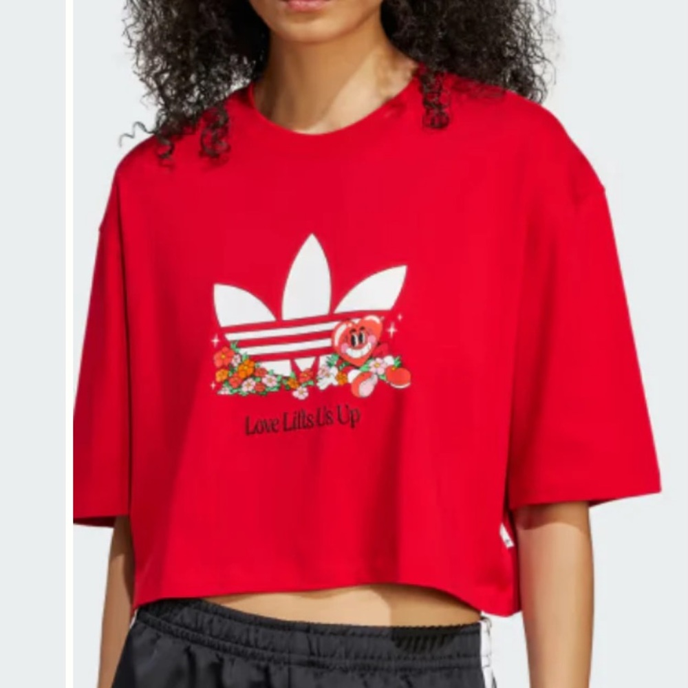 Adidas Originals Nelson Graphic Cropped Red Tee Embroidery Patch L 100% Cotton